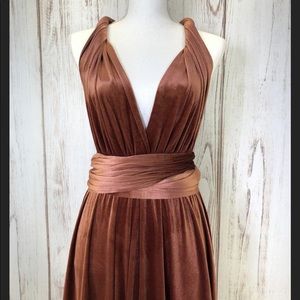 Copper velvet, infinity dress, worn as bridesmaid dress.